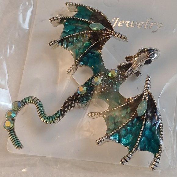 NWT Dragon Flying Pteradactyl Pin Brooch Metallic Halloween Jewelry AQUA BLUE - Picture 4 of 12
